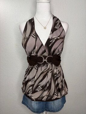 Sparkly Brown & Cream Halter Belted Print Tank Top